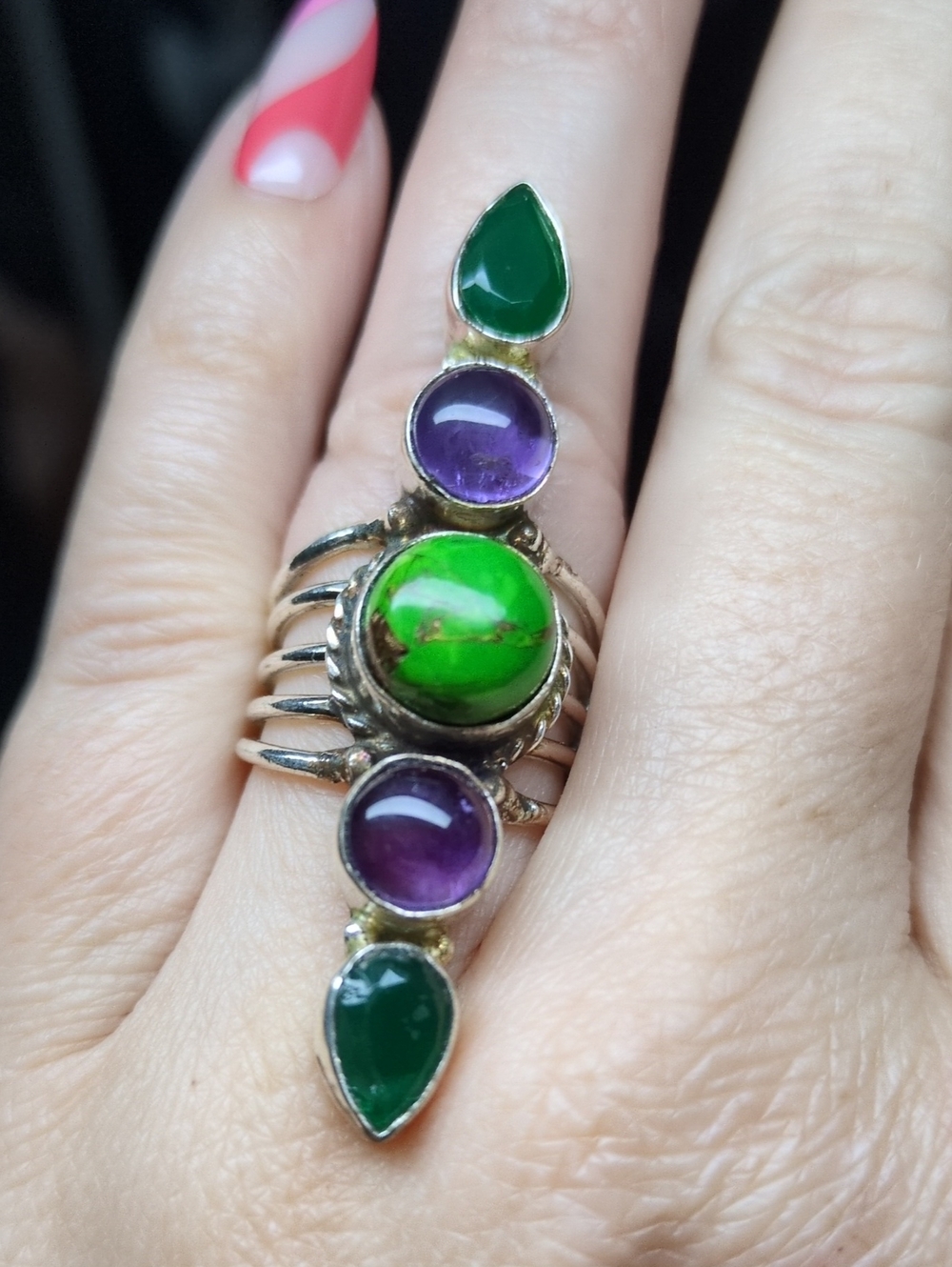 Green and Purple Multi-Stone Sterling Ring